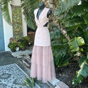 BCBG cut out trumpet sheer tulle bottom gown